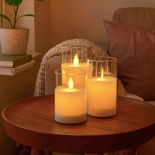 LED Stompkaarsen set in glas Ø7,5cm, 3 stuks, bewegende vlam - Incl. afstandsbediening en timer, 10/12,5/15cm hoog, echte was