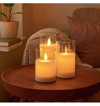 Set de 3 bougies LED sous verre Ø7,5cm, flamme vacillante - Avec télécommande et minuterie, 10/12,5/15cm de haut, véritable cire