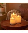 Set de 3 bougies LED sous verre Ø7,5cm, flamme vacillante - Avec télécommande et minuterie, 10/12,5/15cm de haut, véritable cire
