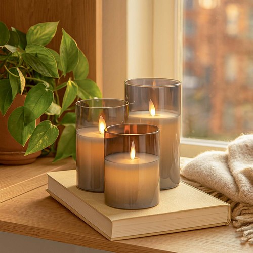 LED Bloklys sæt i røgfarvet glas Ø7,5cm, 3 stk, vippende flamme - Inkl. fjernbetjening og timer, 10/12,5/15cm høj, ægte stearin