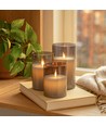 Set de 3 bougies LED en verre fumé Ø7,5cm - Avec télécommande et minuterie, 10/12,5/15cm, vraie cire