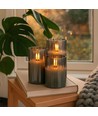 LED Blockljus set i rökfärgat glas Ø7,5cm, 3 st, flameffekt - Inkl. fjärrkontroll och timer, 10/12,5/15cm hög, äkta stearin