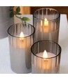 Set de 3 bougies LED sous verre fumé Ø7,5cm, effet flamme - Avec télécommande et minuterie, 10/12,5/15cm de haut, véritable cire