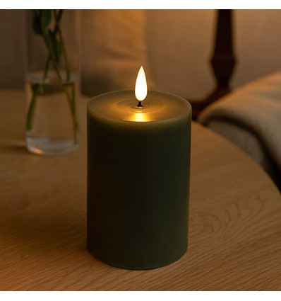 Bougie LED 10cm, aspect fondu, effet flamme - Ø7,5cm, télécommande, vraie cire, vert foncé