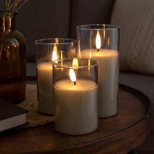 Set de 3 bougies LED en verre gris Ø7,5cm - Avec télécommande et minuterie, 10/12,5/15cm, vraie cire
