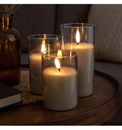 LED Bloklys sæt i gråtonet glas Ø7,5cm, 3 stk, flammeeffekt - Inkl. fjernbetjening og timer, 10/12,5/15cm høj, ægte stearin