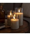 LED Bloklys sæt i gråtonet glas Ø7,5cm, 3 stk, flammeeffekt - Inkl. fjernbetjening og timer, 10/12,5/15cm høj, ægte stearin