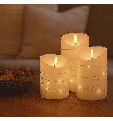 Set 3 bougies LED avec guirlande, effet flamme - Ø7,5cm, 10/12,5/15cm, avec télécommande, minuterie, vraie cire