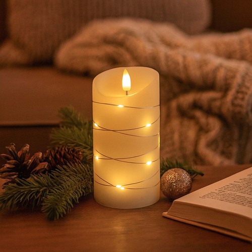 LED Kaars met lichtsnoer, 15cm, vlameffect - Ø7,5cm, afstandsbediening, echte was