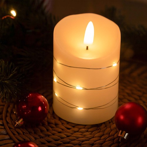 Bougie LED avec guirlande, 10cm, effet flamme - Ø7,5cm, télécommande, vraie cire