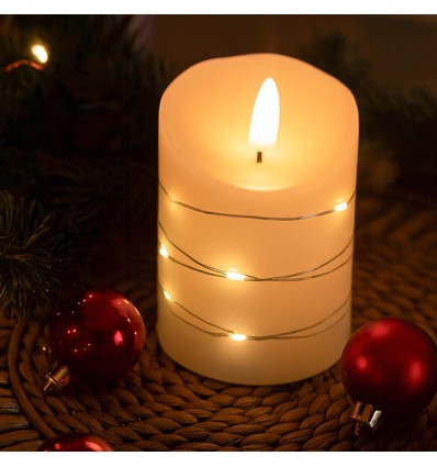 Bougie LED avec guirlande, 10cm, effet flamme - Ø7,5cm, télécommande, vraie cire