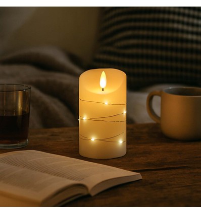 Bougie LED avec guirlande, 12,5cm, effet flamme - Ø7,5cm, télécommande, vraie cire