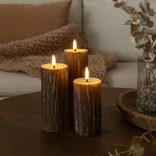 LED Houtlook stompkaarsen 3 stuks set, gesmolten look, vlameffect - Ø5,5cm, 10/12,5/15cm hoog, Incl afstandsbediening, echte was