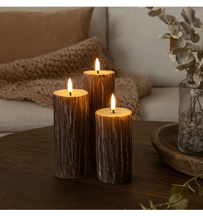 LED Træ-look bloklys 3 stk sæt, smelte-look, flammeeffekt - Ø5,5cm, 10/12,5/15cm høj, Inkl fjernbetj, ægte stearin