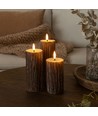 LED Trä-look blockljus 3 st set, smält-look, flameffekt - Ø5,5cm, 10/12,5/15cm hög, Inkl fjärrkontroll, äkta stearin