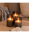 LED Blockljus set i rökfärgat glas Ø7,5cm, 3 st, flameffekt - Inkl. fjärrkontroll och timer, 10/12,5/15cm hög, äkta stearin