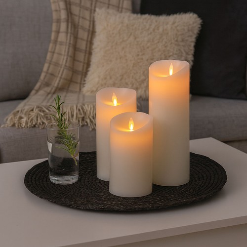 Lot de 3 bougies LED XL, Ø10cm, 17,5/22,5/30cm, flamme mobile, blanc