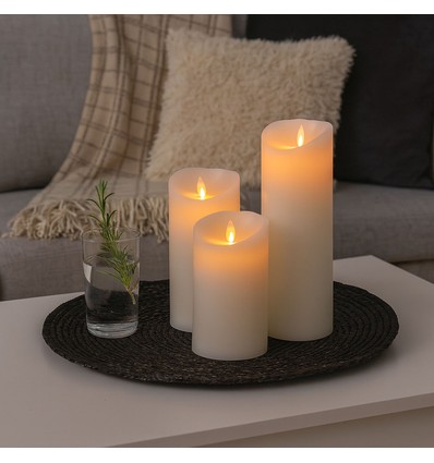 Bougies LED XL, 3 pcs, Ø10cm, 17,5/22,5/30cm, flamme mobile, blanc - Avec télécommande et minuterie, vraie cire