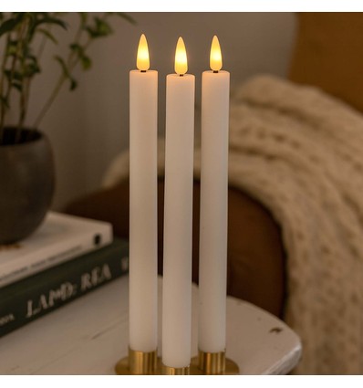 3-pak hvide LED stearinlys, flammeeffekt  - Ø2,2cm, Højde: 24,5cm, stagelys, inkl. fjernb., timer, batteri