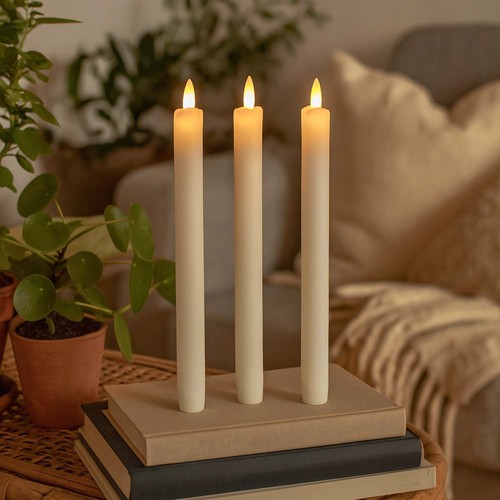 3-pak hvide LED stearinlys, flammeeffekt  - Ø2,2cm, Højde: 24,5cm, kronelys, inkl. fjernb., timer