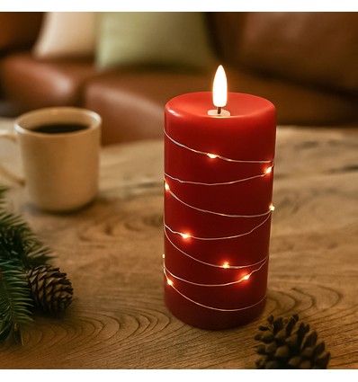 LED Stompkaars met lichtsnoer, 15cm hoog, vlameffect - Ø7,5cm, werkt m. afstandsbediening, echte was, rood