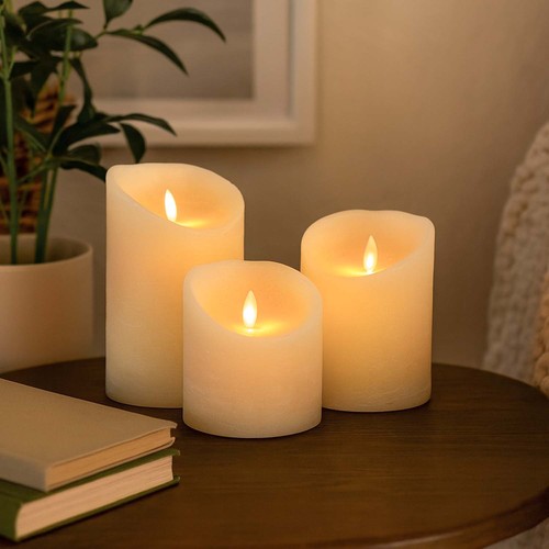 LED Bloklys Ø10cm, 3 stk, bevægelig flamme, hvid - Inkl. fjernbetjening og timer, 10/12,5/15cm høj, ægte stearin