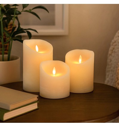 LED Stompkaarsen Ø10cm, 3 stuks, bewegende vlam, wit - Incl. afstandsbediening en timer, 10/12,5/15cm hoog, echte was