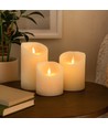 LED Bloklys Ø10cm, 3 stk, bevægelig flamme, hvid - Inkl. fjernbetjening og timer, 10/12,5/15cm høj, ægte stearin