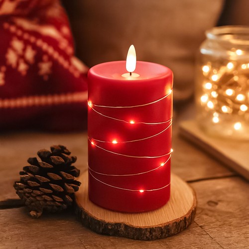 Bougie LED avec guirlande, 12,5cm, effet flamme - Ø7,5cm, télécommande, vraie cire, rouge