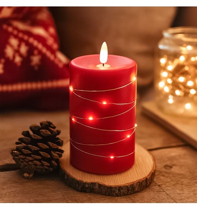 Bougie LED avec guirlande, 12,5cm, effet flamme - Ø7,5cm, télécommande, vraie cire, rouge