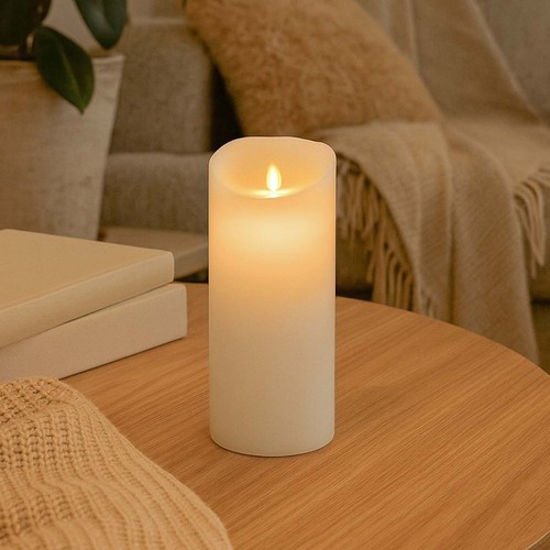 LED XL Bloklys 22,5cm høj, flammeeffekt, hvid - Ø10cm, 22,5cm høj, virker m. fjernbetj, timer, ægte stearin