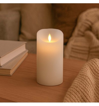 LED XL Bloklys 17,5cm høj, flammeeffekt, hvid - Ø10cm, 17,5cm høj, virker med fjernbetj, timer, ægte stearin