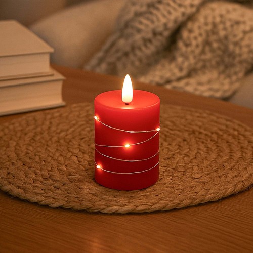 Bougie LED avec guirlande, 10cm, effet flamme - Ø7,5cm, télécommande, vraie cire, rouge