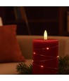 Bougie LED avec guirlande, 10cm, effet flamme - Ø7,5cm, télécommande, vraie cire, rouge