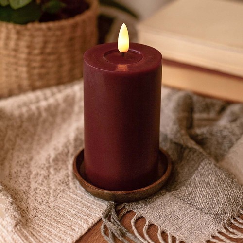 Bougie LED 12,5cm, aspect fondu, effet flamme - Ø7,5cm, télécommande, vraie cire, bordeaux