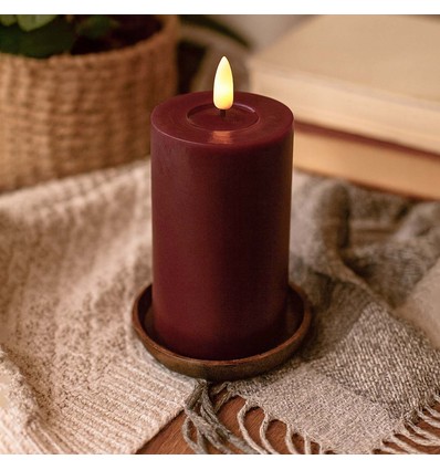 Bougie LED 12,5cm, aspect fondu, effet flamme - Ø7,5cm, télécommande, vraie cire, bordeaux