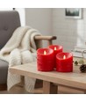Set de 3 bougies LED Ø10cm, flamme vacillante, rouge - Avec télécommande et minuterie, 10/12,5/15cm de haut, véritable cire