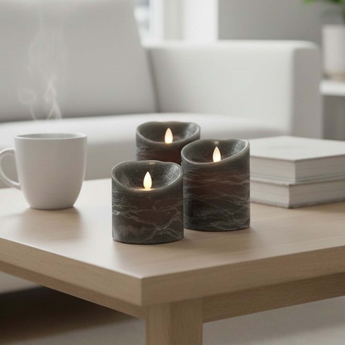 LED Blokklys Ø10cm, 3 stk, bevegelig flamme, sort melert - Inkl. fjernkontroll og timer, 10/12,5/15cm, ekte voks