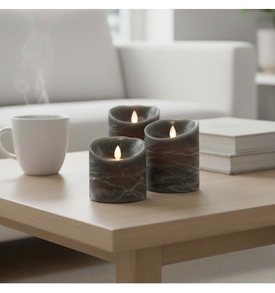 LED Bloklys Ø10cm, 3 stk, bevægelig flamme, sort meleret - Inkl. fjernbetjening og timer, 10/12,5/15cm høj, ægte stearin