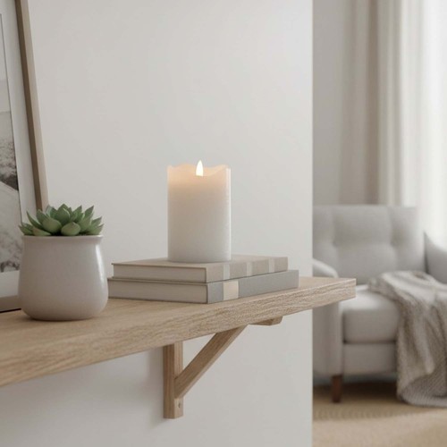 LED Bloklys 12,5cm høj, flammeeffekt, hvid - Ø7,5cm, 12,5cm høj, virker med fjernbetj, timer, ægte stearin