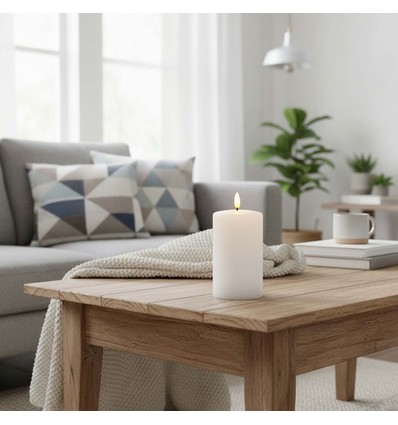 Bougie LED 12,5cm, aspect fondu, effet flamme - Ø7,5cm, télécommande, minuterie, vraie cire