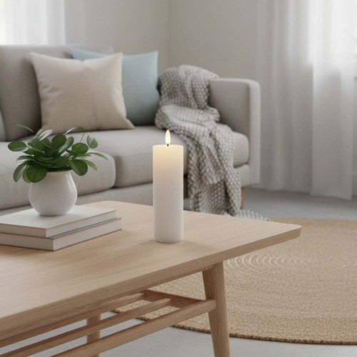 LED Bloklys 15cm høj, flammeeffekt, hvid - Ø5cm, virker m. fjernbetj, timer, ægte stearin