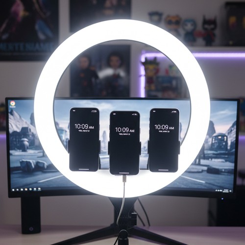 Anneau lumineux LED avec trépied - 55W, Ø44cm, 3 supports pour téléphone, télécommande, 3200K-5800K