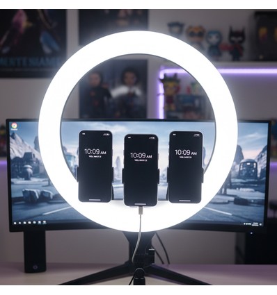 LED Ring light med stativ - 55W, Ø44cm, 3 telefonholdere, fjernkontroll, 3200K-5800K