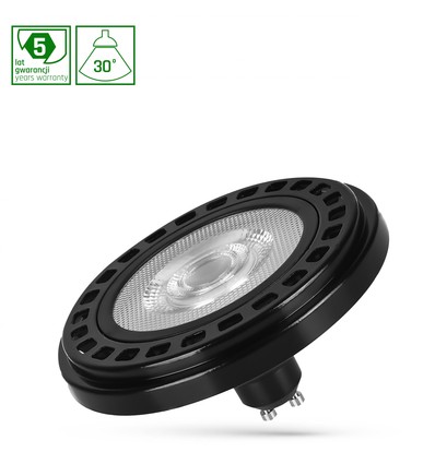 Ampoule LED 20W AR111 GU10, RA90 - 30°, boîtier noir, 2700K, 1600lm, 5 ans de garantie
