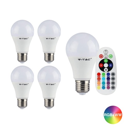 5 stuks RGBW LED lamp - 6W, Met RF afstandsbediening, E27