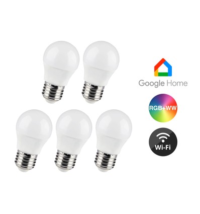 5 stuks E27 5W Wifi LED-lamp - G45, Tuya/Smart Life, werkt met Google Home