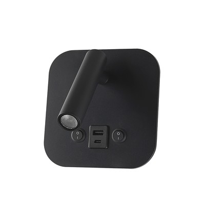 8W LED senge-vegglampe med USB-lading - Sort, 3000K, CREE chip, USB-A og USB-C