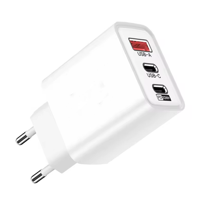 3-poorts USB oplader 65W - Wit, USB-C+USB-A, perfect voor mobiel en lampen