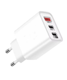 3-poorts USB oplader 65W - Wit, USB-C+USB-A, perfect voor mobiel en lampen